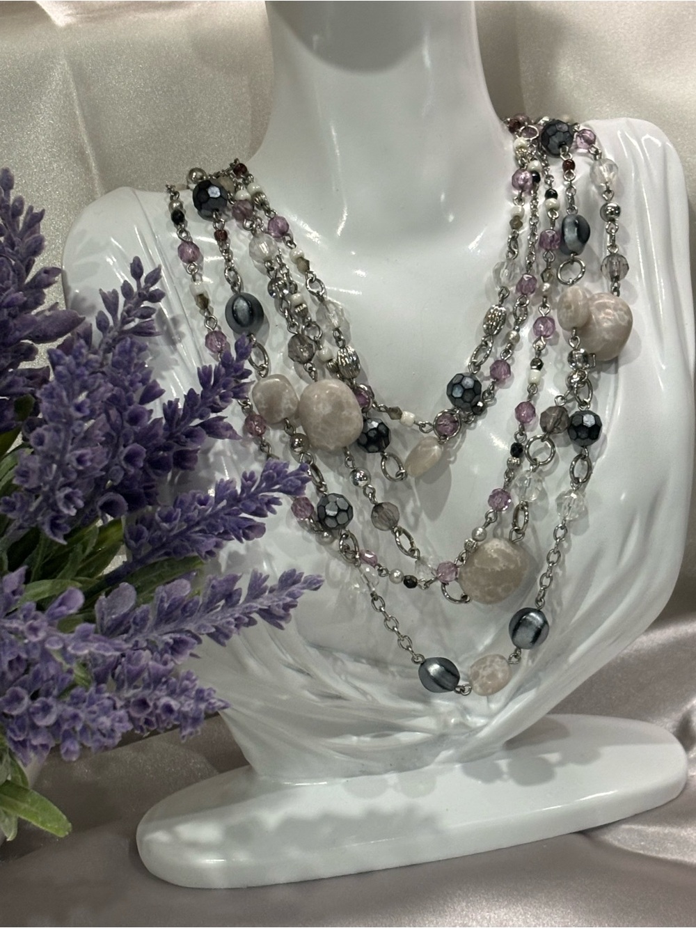 Lia Sophia Layered Lavender, Silver and Gray Multi-Strand Necklace